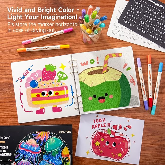 Shuttle Art 24 pack Dual Tone Acrylic Paint Markers, 48 Colors Acrylic Paint Pens for Rock Painting, Ceramic, Wood, Canvas, Glass, Stone, Fabric, Card Making, DIY & Art Supplies