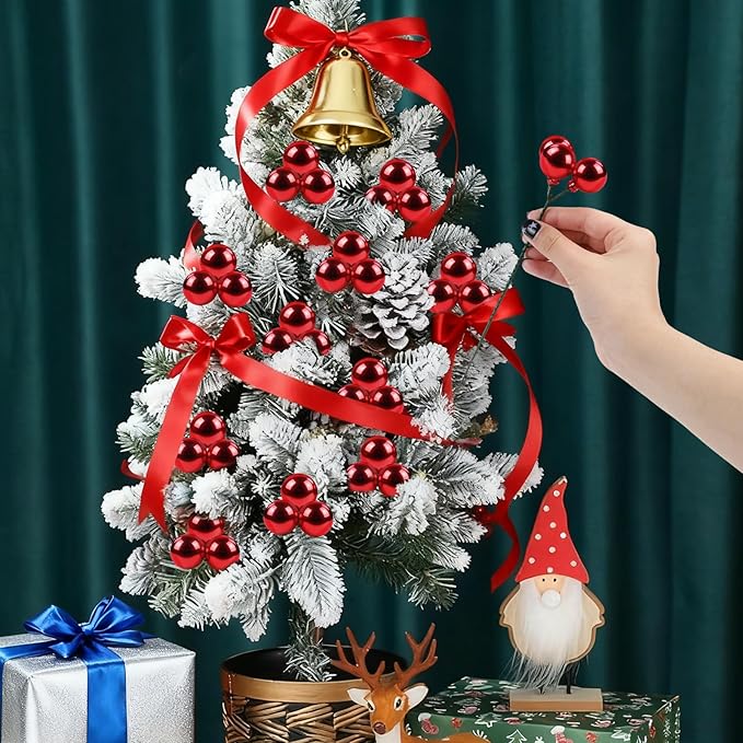 YIYA 18 PCS Christmas Tree Picks Ornaments Red Xmas Ornaments on Wired Stems Shatterproof Christmas Ball Picks Branches for Tree Vase Wreath Garland Indoor Outdoor Garden Holiday Party Decor
