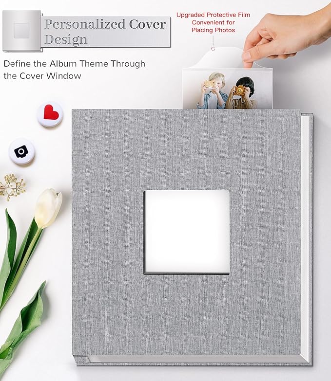 Photo Album Self Adhesive Scrapbook Album for 3x5 4x6 5x7 8x10 Pictures,120 Pages Linen Cover with Display Window DIY Photo Book,Ideal Gifts for Family Travel Wedding Baby