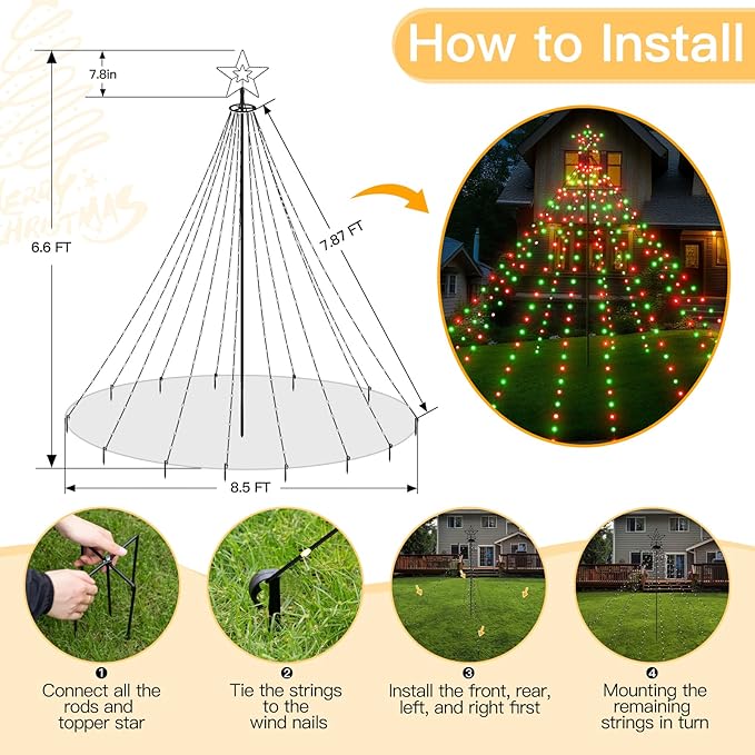 Christmas Lights Tree 340LED with Topper Star, IP67 Waterproof Remote Control Waterfall Lights with Pole, 16 Modes 3 Timers Dimmable Christmas Decorations for Outdoor Yard (Red&Green)