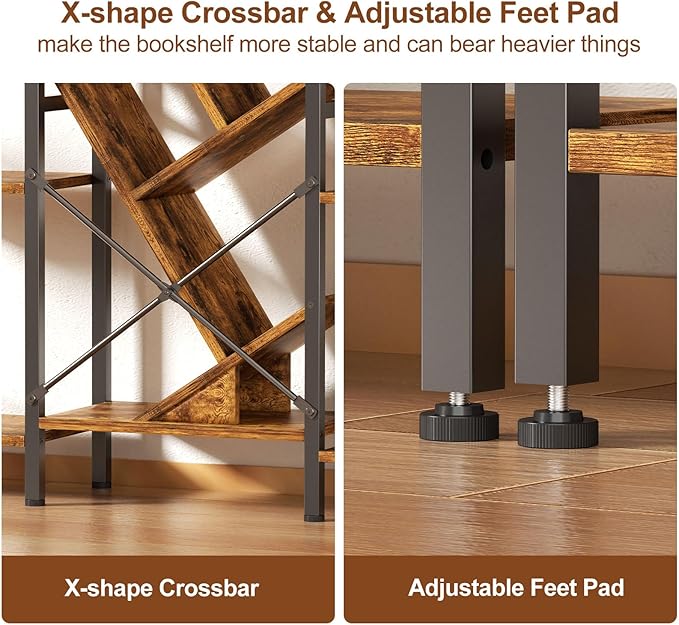 Triple 5 Tier Bookshelf, Large Bookcase Industrial Bookshelf with 19 Open Display Shelf, Wooden Wide Tall Tree Bookshelf for Living Room Home Office, Rustic Brown