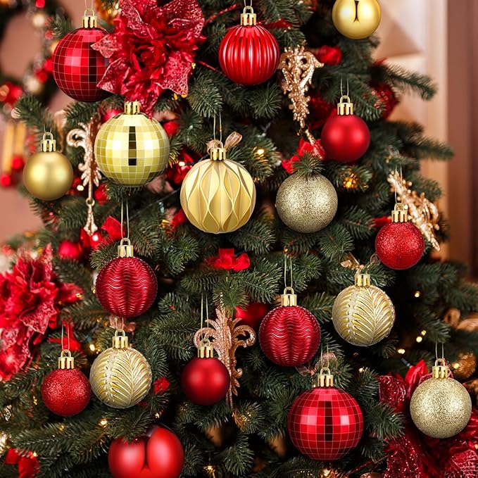 64 Pcs Red and Gold Christmas Ball Ornaments Glitter Matte Xmas Tree Ornaments 1.6 1.97 2.4 Inch Shatterproof Assorted Size Christmas Baubles for Tree Home Indoor Decor