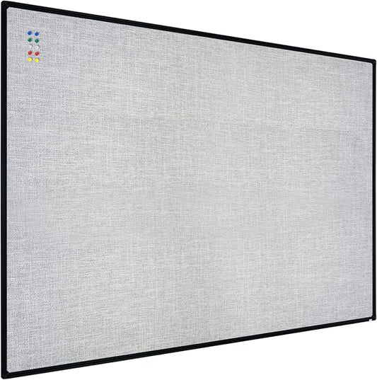 JILoffice Cork Linen Bulletin Board 48 X 36 Inch (Grey), Black Aluminum Frame Wall Mounted Board Memo Pin Board for Office Home and School
