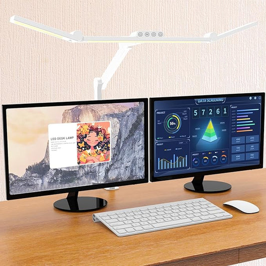 Micomlan Led Desk Lamp for Home Office, White Architect Desk Lamp with Clamp for Crafting, 24W Bright Rotatable Led Table Light Stepless Dimming Tempering Wide Computer Light with Atmosphere Lighting