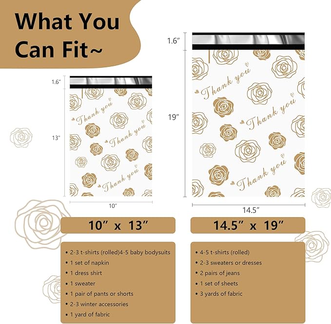Thank You Poly Mailers 14.5x19 Inch 50 Pcs - Gold Rose Printed Shipping Bags for Clothing - Waterproof and Tear Resistant Mailing Envelopes - Self-Sealing Packaging Bags for Small Business