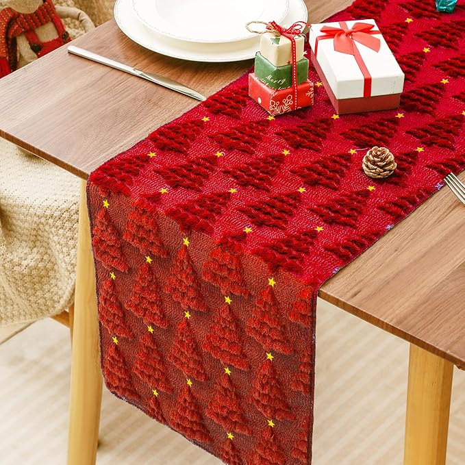 Christmas Table Runner 13x72 Inch, Xmas Trees Star Winter Holiday Decorative Farmhouse Table Decorations for Kitchen Dinning, Indoor Outdoor Dinner Party Decor (Red) 1 Pack