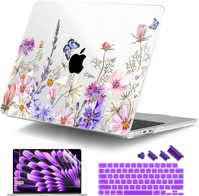 DONGKE Compatible with M4 MacBook Air 15 inch Case 2025 2024 2023 A3241 A3114 A2941 M3 M2 Liquid Retina Display Touch ID, Plastic Hard Case & Keyboard Skin & Screen Protector - Butterfly Floral