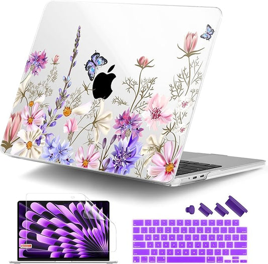 DONGKE Compatible with M4 MacBook Air 15 inch Case 2025 2024 2023 A3241 A3114 A2941 M3 M2 Liquid Retina Display Touch ID, Plastic Hard Case & Keyboard Skin & Screen Protector - Butterfly Floral
