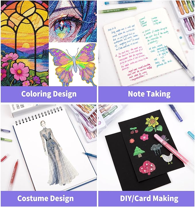 Glitter Gel Pens, 6 Pack Colored Pens for Black Paper & White Paper, 1.0mm Point Pens, Large Capacity Ink Pens for Coloring, Writing, Drawing, Journaling, Note Taking, School, Office, Home