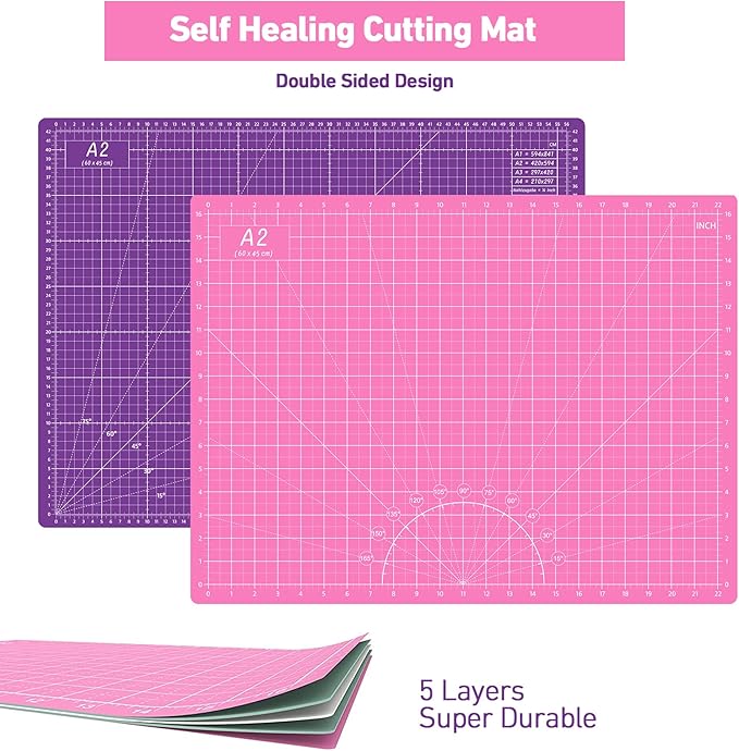 Rotary Cutter Set Pink - Quilting Kit incl. 45mm Fabric Cutter, 5 Replacement Blades, A2 Cutting Mat, Acrylic Quilting Ruler and Sewing Clips, Craft Knife Set, Ideal for Crafting, Sewing, Patchworking