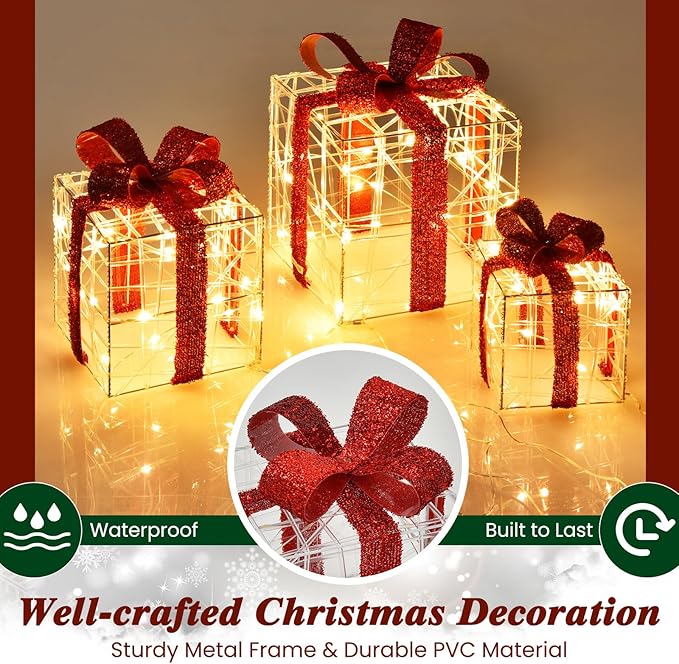 Tangkula Set of 3 Christmas Lighted Gift Boxes, Christmas Box Decorations with 60 LED Lights, Small Medium and Large Presents Boxes with Waterproof Plug, Suitable for Indoor and Outdoor