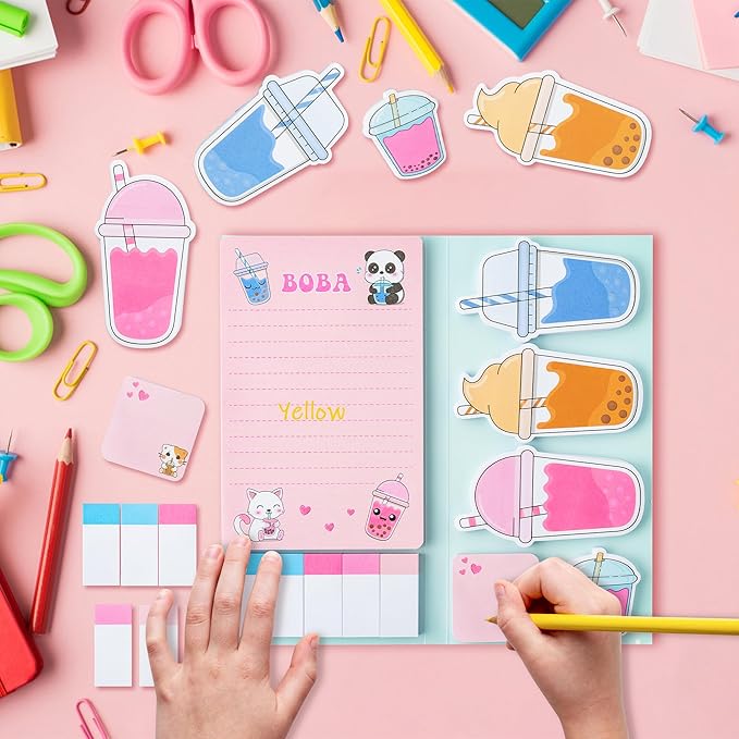 Xqumoi I Just Really Like Boba Sticky Notes Set, 550 Sheets, Cute Bubble Tea Self-Stick Notes Pads Milk Tea Theme Divider Tabs Bundle Writing Memo Pads Back to School Office Supplies Small Gift
