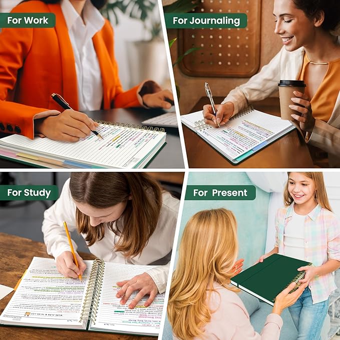 Hardcover Spiral Journal Notebooks for Work With Removable Dividers & Tabs, 8.5"x11" 5 Subject Notebook for Note Taking & Organizer, A4 College Ruled Lined Journal for Women & Writing, Dark Green, 280 Pages