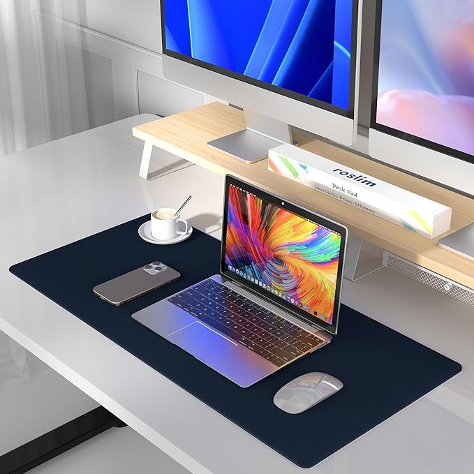 Leather Desk Pad Protector, Mouse Pad, Non-Slip Computer Mat for Desk, PU Leather Office Desk Mat for Home & Office, Waterproof Laptop Desk Blotter Pad for Keyboard and Mouse, Navy (13.7''X23.6'')