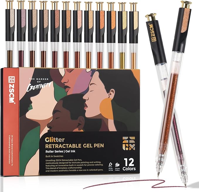 Retractable Glitter Gel Pens, 12 Colors Large Capacity Skin Tone Glitter Metallic Gel Ink Pens, 1 mm Fine Point Smooth Writing Color Pens for Adult Coloring Book Note Taking Aesthetic Art Supplies