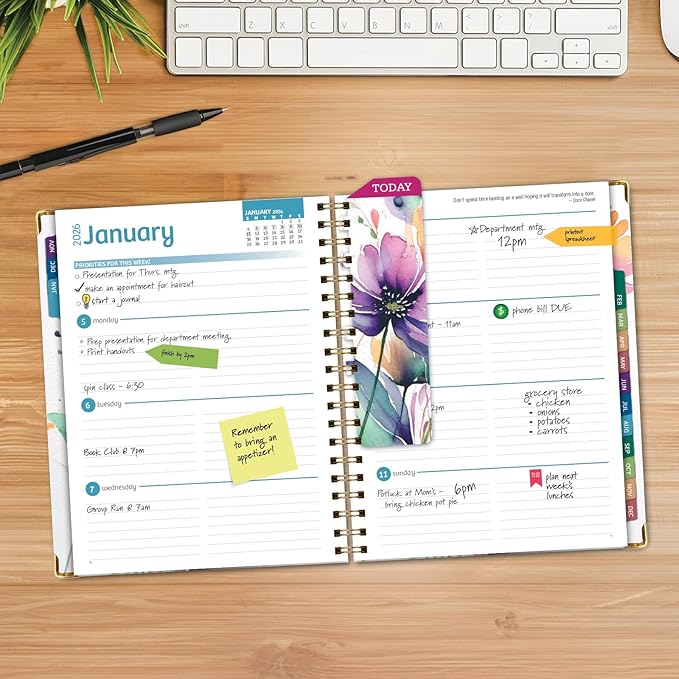 HARDCOVER 2026 Planner, 7"x9": 14 Months (November 2025 - December 2026), Daily Weekly Monthly Planner, Yearly Agenda, Bookmark, Pocket Folder and Sticky Note Set (Rainbow Floral)