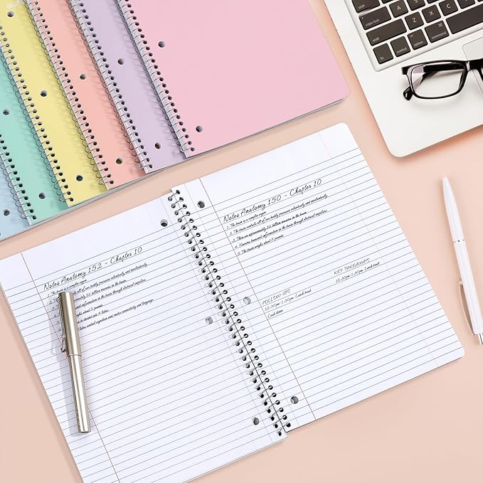 SUNEE Spiral Notebooks, 6 Pack, 1-Subject, College Ruled Paper, 8" x 10-1/2", 70 Sheets per Notebook, Assorted Pastel Colors Spiral Notebooks for School