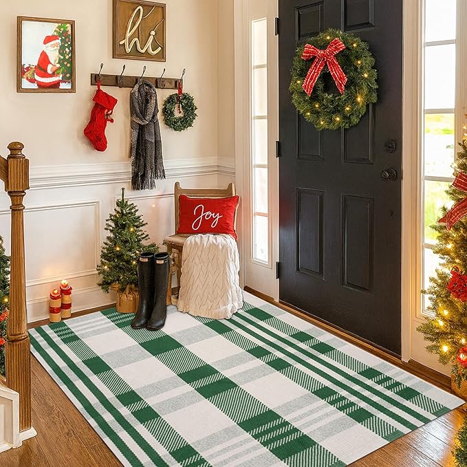 Christmas Green & White Check Rug - 3' x 5' Outdoor Front Door Decor Mat Cotton Washable Hand-Woven Rug Christmas New Year Holiday Porch Entryway Layered Doormat