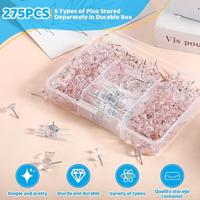 275pcs Clear Push Pins,5 Types Clear Thumb Tacks, Plastic Head Thumbtacks, Tacks, TACS, Push Pins for Bulletin Board, Wall, Cork Board, Shadow Box Accessories