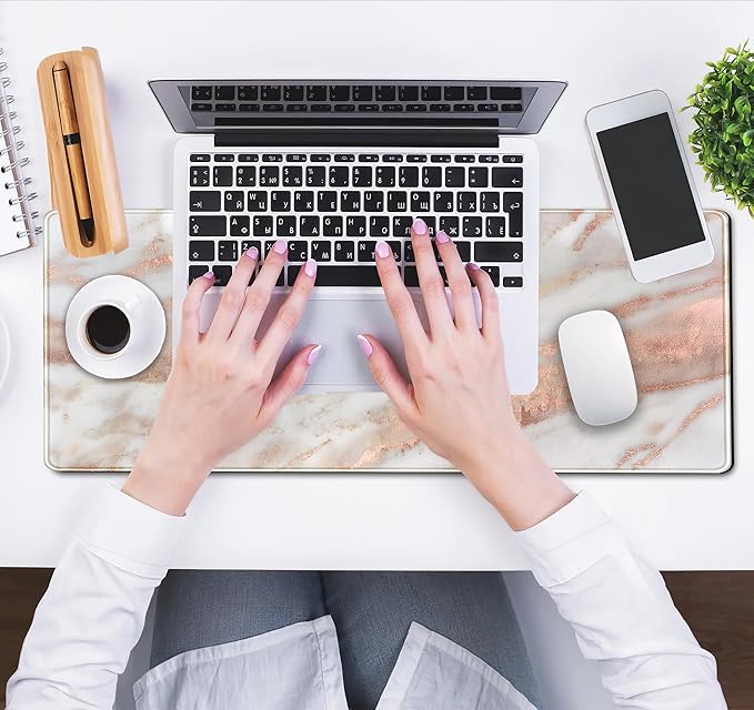 Cute Desk Mat Rose Gold Marble Mouse Pad Gaming XL Large Extended Desk Matt for Desktop Aesthetic Desk Pad, Laptop Keyboard Mouse Mat for Women Office Desk Decor Accessories Deskmat 31.5x11.8 in