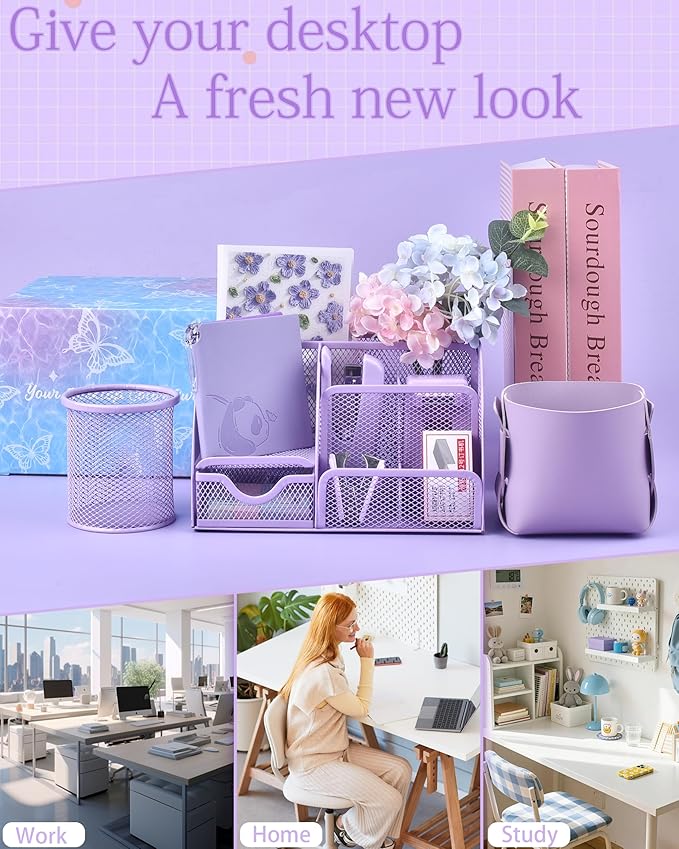 23pc Purple Desk Accessories and Organizers with Mesh Organizer Stapler Tape Dispenser Calculator and a Lot of Office Purple Office Supplies Beautifully Presented in a Gift Box