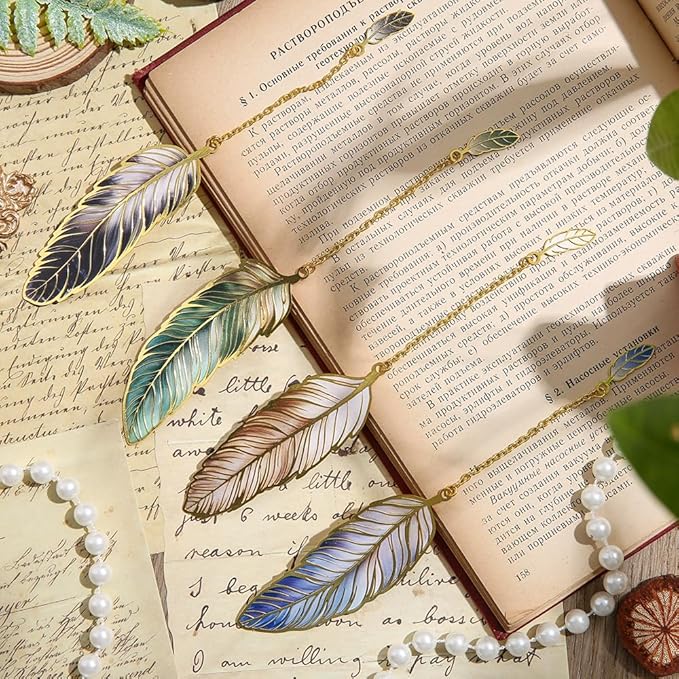 4pcs Metal Feather Bookmarks with Pendant Elegant Bookmark Set for Book Lovers, Writers, Readers Durable Book Markers with English Inscriptions Unique Gifts for Men, Women