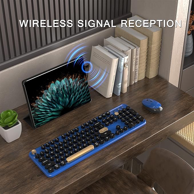 Colorful Wireless Computer Keyboard and Mouse Combo with Round Typewriter Keycaps, Retro Design, Power Switch, Ergonomic Design, 2.4GHz Wireless for Windows, Mac, PC(Black-Blue)