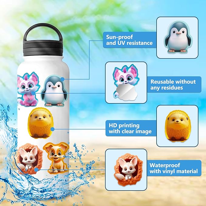 100PCS Cute Animal Stickers for Kids – Waterproof Vinyl Cartoon Sticker Pack for Water Bottles, Laptops, Journals, Scrapbooks, DIY Crafts & Party Favors
