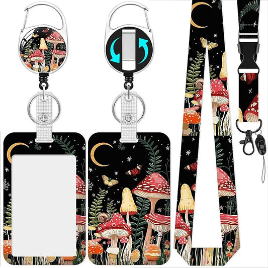 Mushroom Badge Holder Reel Lanyard,ID Card Badge Holder Retractable Name Tag Clips for Doctor Nurse Teacher Office Student