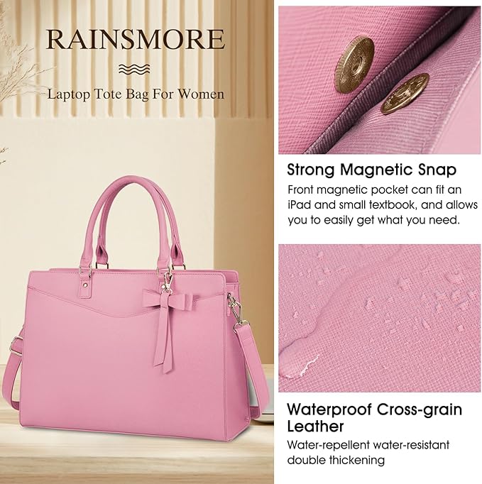 RAINSMORE Laptop Bag for Women 15.6 Inch PU Tote Bag Business Office Work Bag Waterproof Briefcase Computer Tote Lightweight Handbag Shoulder, Pink