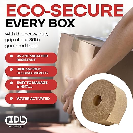 IDL Packaging 2.83" x 450 feet Reinforced Water-Activated Kraft Gummed Tape 30lb Thickness (Pack of 2) - Secure Paper Packing Tape for Secure Carton Sealing - Heavy-Duty for All Conditions, Brown