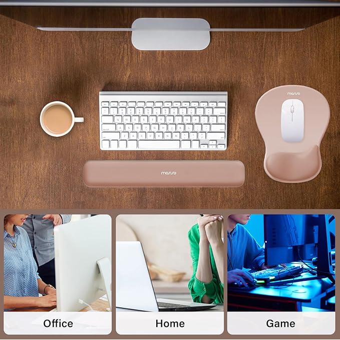 MOSISO Wrist Rest Support for Mouse Pad&Keyboard Set, Ergonomic Mousepad with Concave Curved Memory Foam, Non-Slip Base Pain Relief Comfortable Rectangular Easy Typing Pad for Home/Office, Brown