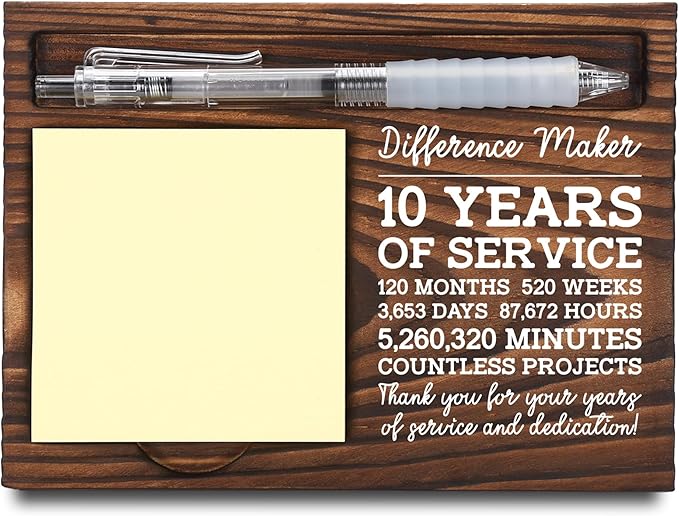 10th Work Anniversary Appreciation Gifts, 10 Year Work Anniversary Thank You Gifts, Sticky Note Holder, Post-it Note Dispenser for Desk, Wooden Post-it Note & Pen Holder 6.5" x 4.7" - FTA113
