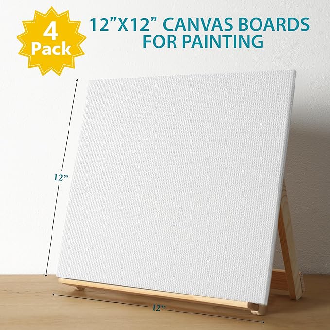 KEFF Canvas Boards for Painting - 12x12 4-Pack Bulk Canvas Panels, 100% Cotton Triple Primed Large Canvases for Art Painting Supplies, Acrylic, Oil, Watercolor & Tempera