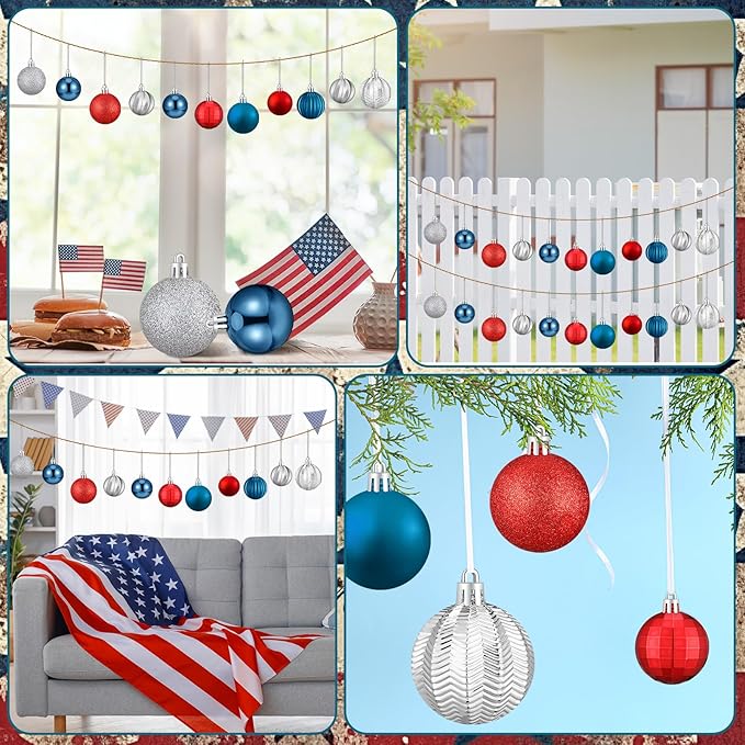 64 Pcs 4th of July Patriotic Ball Ornaments Bulk Red White Blue Ornament 1. 6 1. 97 2. 4 Inch Independence Day Baubles Fourth of July Decorations for Tree Home Wreath Decor