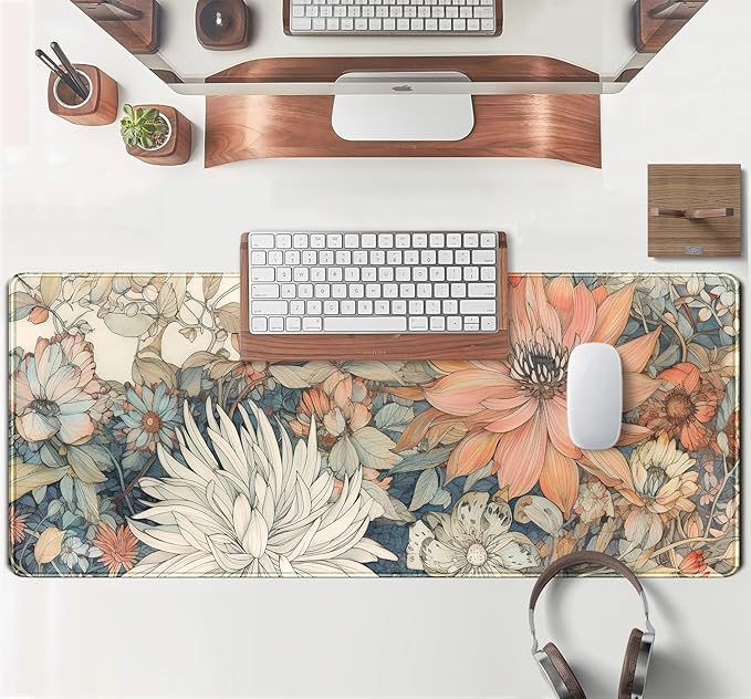 Japanese Minimalist Floral Desk Mat Aesthetic Flowers XL Large Extended Gaming Mouse Pad with Stitched Edges, Big Laptop Computer Keyboard and Mouse Mat for Girl Women Office Decor 31.5x11.8 in