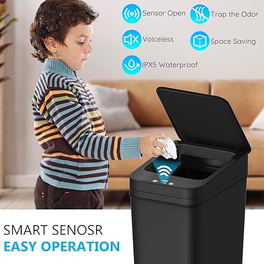 3Pack Bathroom Small Trash Can with Lid, 2.6 Gallon Touchless Automatic Garbage Can Slim Waterproof Motion Sensor Smart Trash Bin for Bedroom, Office, Living Room-Black