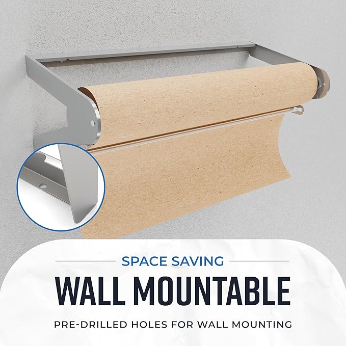 Bryco Goods 24 Inch Paper Roll Dispenser and Cutter, Wall Mountable & Non-Slip Tabletop, Heavy-Duty Steel Frame – Kraft, Butcher, Freezer, Wrapping Paper Holder – for Home, Office, Craft Projects