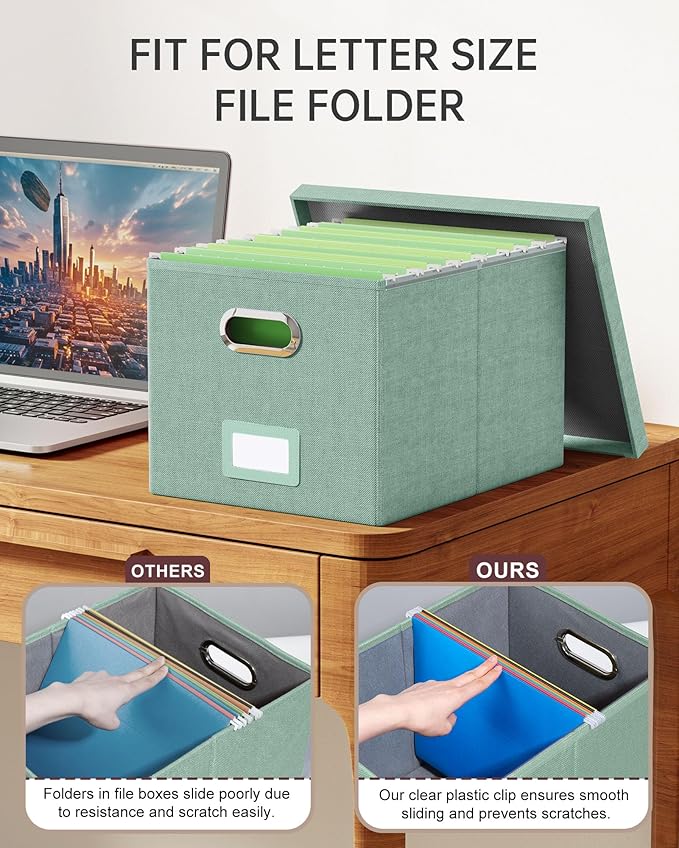 Oterri File Organizer, File Box, File Cabinet for Letter File Folder Storage, Portable Storage Bins with Lids for Office/Decor/Home,Document Organizer, 1 Pack,Green-Box Only