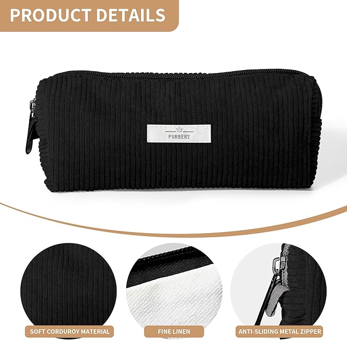 Pencil Bag Pen Case, Soft Corduroy Small Pencil Pouch Organizer with Zipper, Cute Pencil Case Pouch Stationery for Girls and Boys – Black