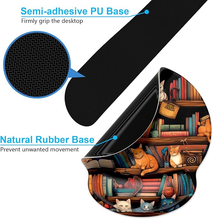 Dapesuom Keyboard Wrist Rest and Mouse Pad with Wrist Support, Cute Memory Foam Cushion for Keyboard and Mouse Set, Ergonomic Pad Rests with Non Slip Base for Easy Typing & Pain Relief, Library Cats