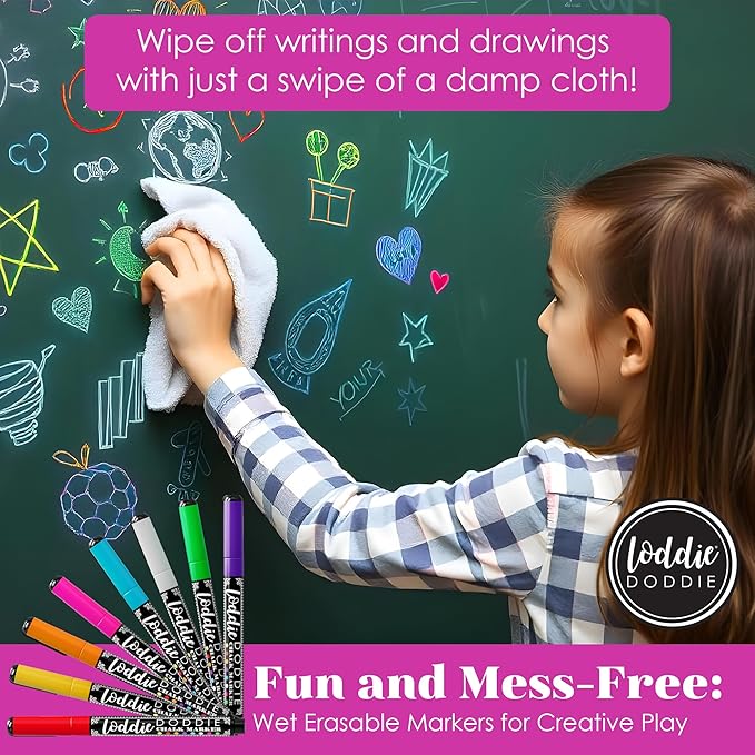 Loddie Doddie Fine Tip Liquid Chalk Markers - Pack of 8 1mm Neon Colors - Erasable Low-Odor Dry Erase Chalk Markers for Chalkboard, Blackboard & Glass