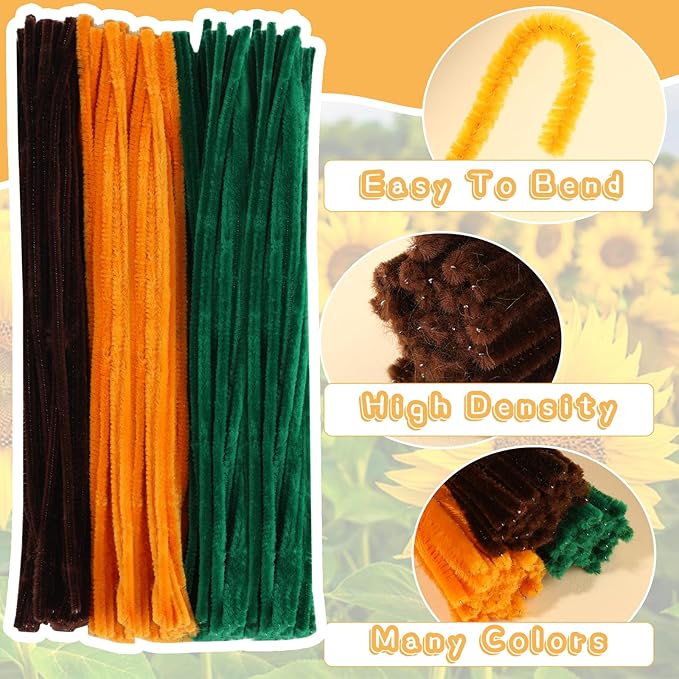 UzecPk 430PCS Pipe Cleaners for Crafts, Pipe Cleaner Sunflower Kit, Pipe Cleaner Craft Sunflowers Kit with Instructions, 3 Colors Pipe Cleaners Set for DIY Art Craft Decorations-5 Flowers