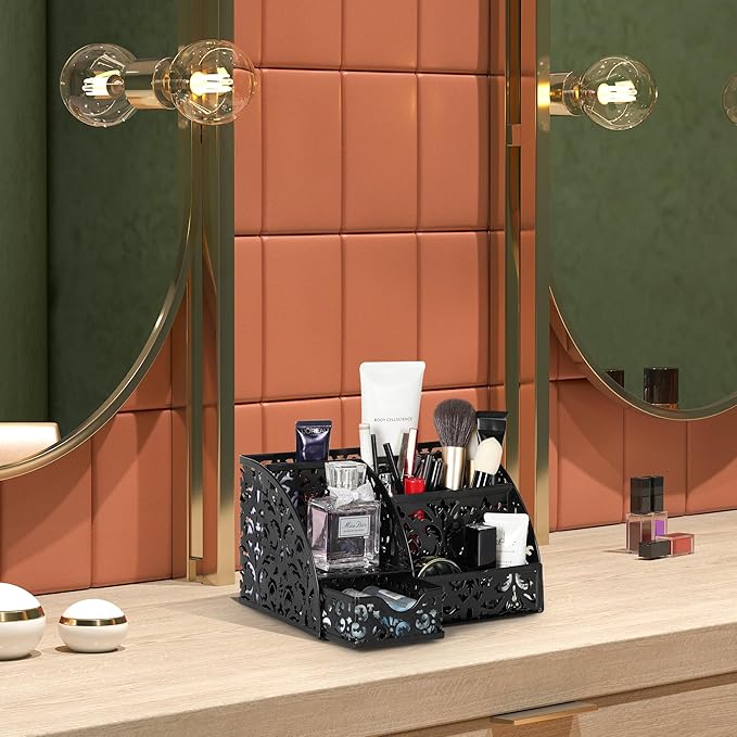 EasyPAG Pen Holder Desk Organizer with Drawer Pencil Cup for Desk 6 Compartments Metal Office Caddy Storage with Sticky Notes Holder for School Home Office, Black