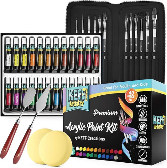 KEFF Creations Acrylic Paint Brush Set, 15 Premium Artist Brushes Kit, 24 Acrylic Paint Set, Paintbrush kit for Canvas, Wood, Fabric, Great Paint Supplies Set for Adults and Kids
