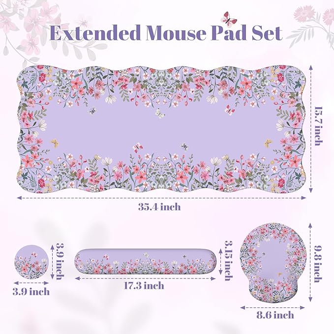 iLeadon XXL Mouse Pad, Mousepad with Wrist Rest, Memory Foam Wrist Support for Keyboard, Ultra Smooth Mouse Pad for Gaming, Purple Desk Mat for Office Home (Floral)