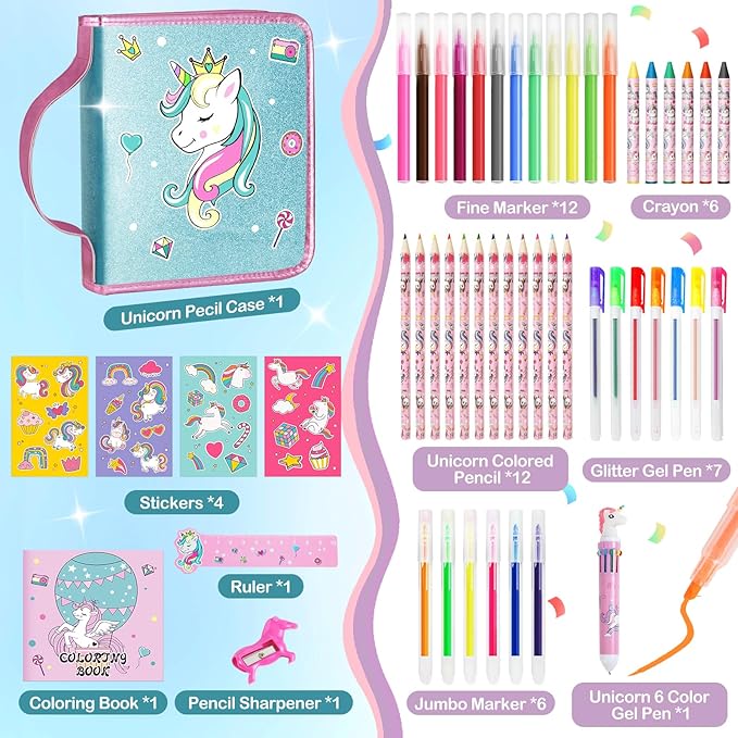 Unicorn Washable Markers Set with Glitter Pencil Case, Art Supplies for Kids Ages 4 5 6 7 8 9 10 Years Old, Arts Crafts Coloring Set with Crayon Pencil Gel Pen Stickers, Birthday Gifts for Girls 4-6-8