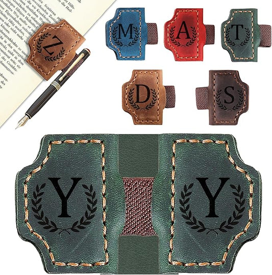 Bygone Mark Bookmark with Pen Holder, 26 Letters Name Initial Personalized Magnetic Bookmarks, Leather Book Mark for Men Women, Travelers Accessories, Teachers Readers Book Lovers Gifts (Green, Y)