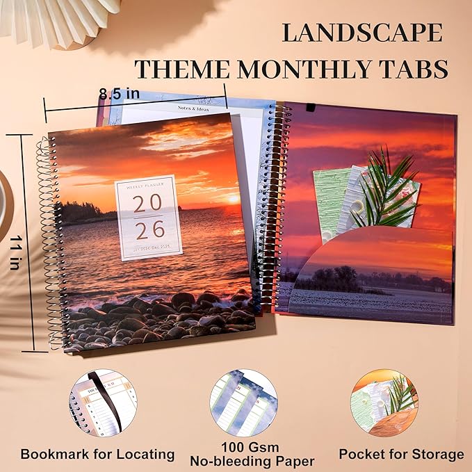 CAGIE 2026 planner Weekly and Monthly Jan 2026-Dec 2026 Hardcover Hourly Daily Planners for Women 26 Calendar Planner with Stickers Spiral Bound Yearly Agenda, 8.5 x 11