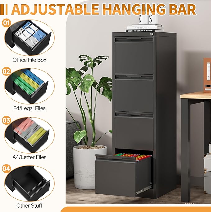 4-Drawer Metal File Cabinet with Lock,Steel Printer Stand with Storage for Home Office,Vertical Filing Cabinet for Legal/Letter/A4 Files,Assembly Required(15''W-4 Drawers,Black)